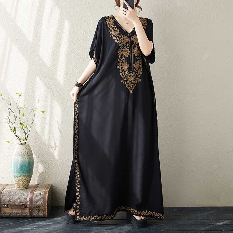 Женские платья больших размеров с вышивкой, длинные, летние, с V-образным вырезом, винтажное пляжное, бохо-праздничное платье