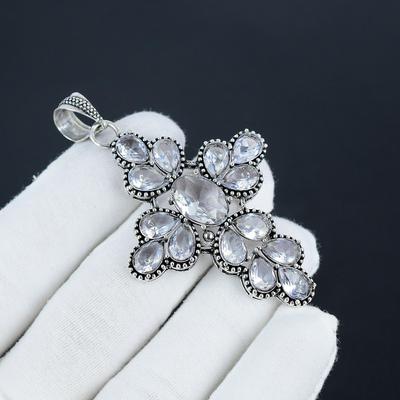 Серебряный кулон-крест с драгоценным камнем из белого топаза из стерлингового серебра 925 пробы — дизайн ручной работы в форме груши, повседневная бижутерия, подарок отцу на день рождения