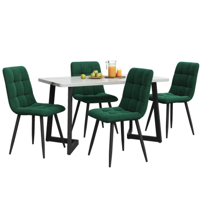Table de salle à manger - MUVOE - 117 cm - 4 chaises - Velours vert foncé - Pieds noirs