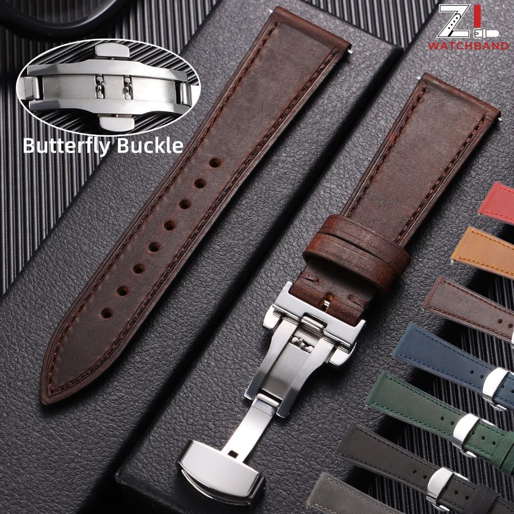 Leather Watch Band 18/19/20/21/22/24mm Straps Butterfly Buckle Clasp Leather Bracelet Black Brown Quick Release Wristband Belt