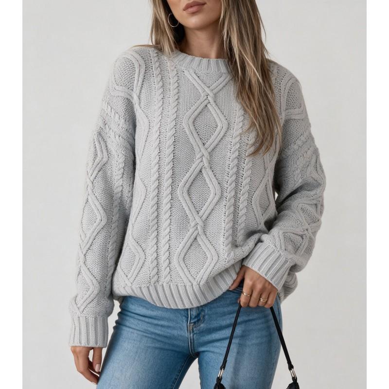 Womens Oversized Cable Knit Crewneck Sweater Winter Loose Fit Acrylic Pullover Streetwear Casual Style