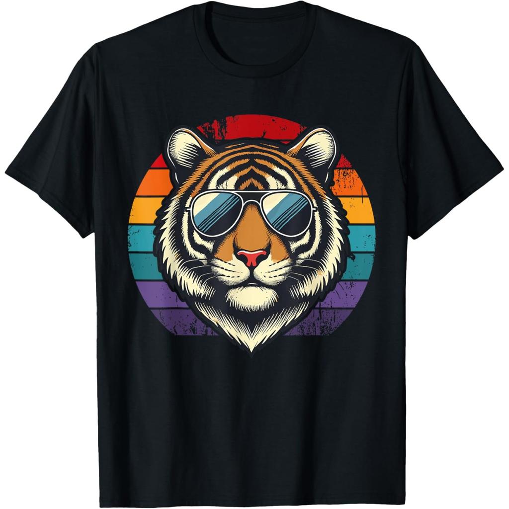 Cool Tiger Wearing Sunglasses Vintage Retro Sunset Graphic Tee Shirt for Men