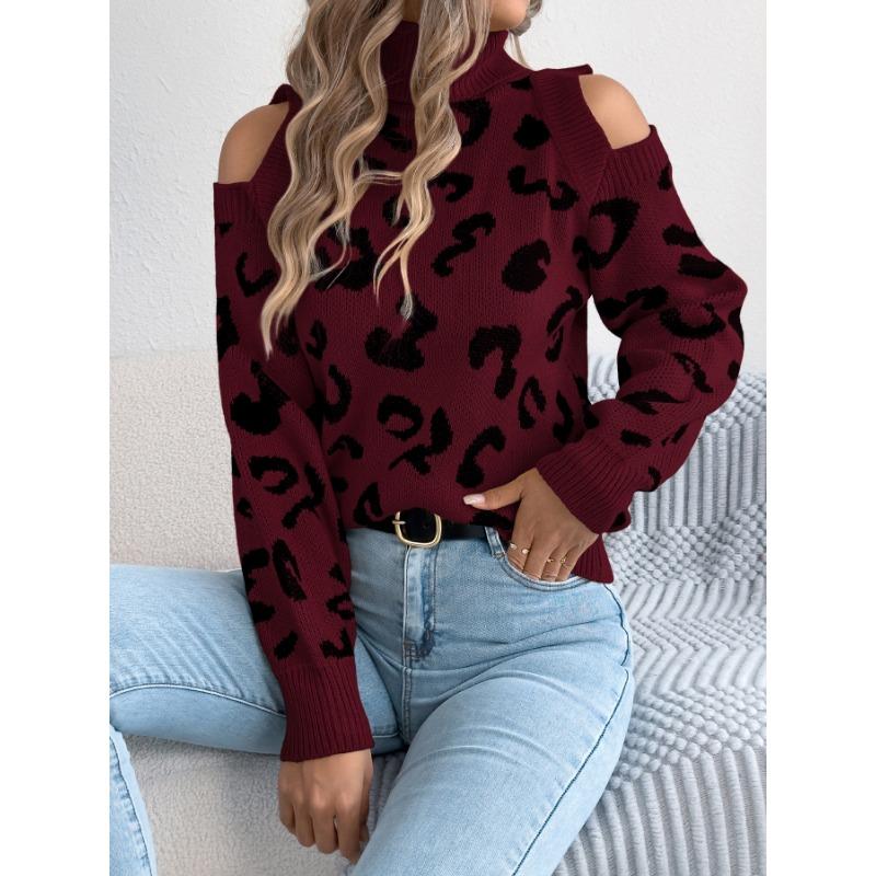 Women S Leopard Print Long Sleeve High Neck Casual Sweater