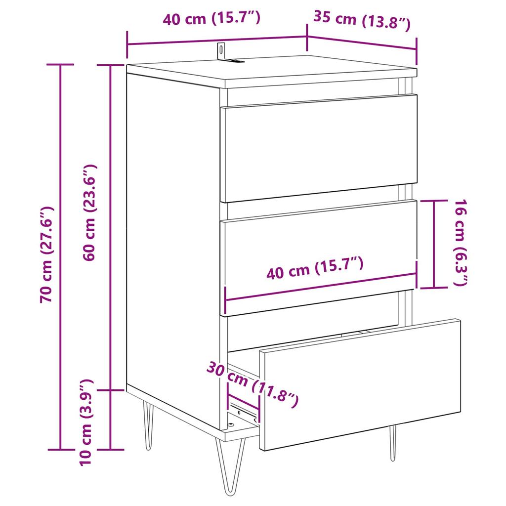 Sideboard with Drawers Black Oak Effect 40 x 35 x 70 cm