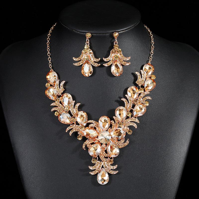 Retro Court Colorful Flower Crystal Jewelry Set, Alloy Clavicle Chain Necklace Earrings For Women