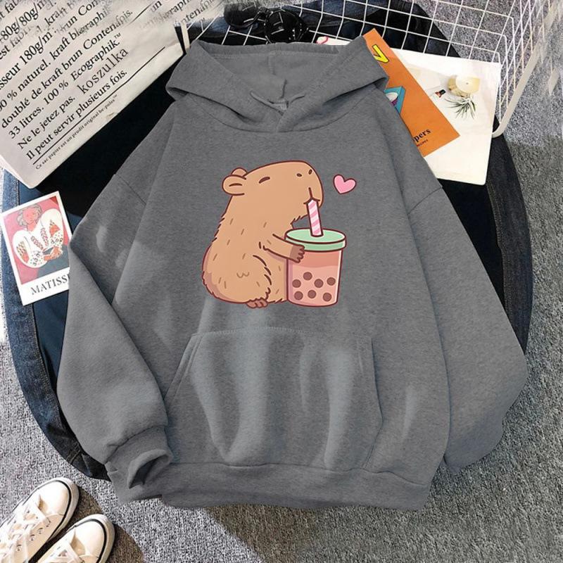 Ladies Spring Autumn Casual Hooded Long Sleeve Big Pocket Capybara Printed Pullover Hoodies Sweatshirt Top