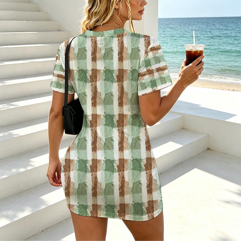 Short-Sleeve Bodycon Dress, Sweet-Cool Simple Plaid V-Neck, Soft Slim Fit, Perfect for Beach Vacations, Daily Casual & Afternoon Tea Outings.