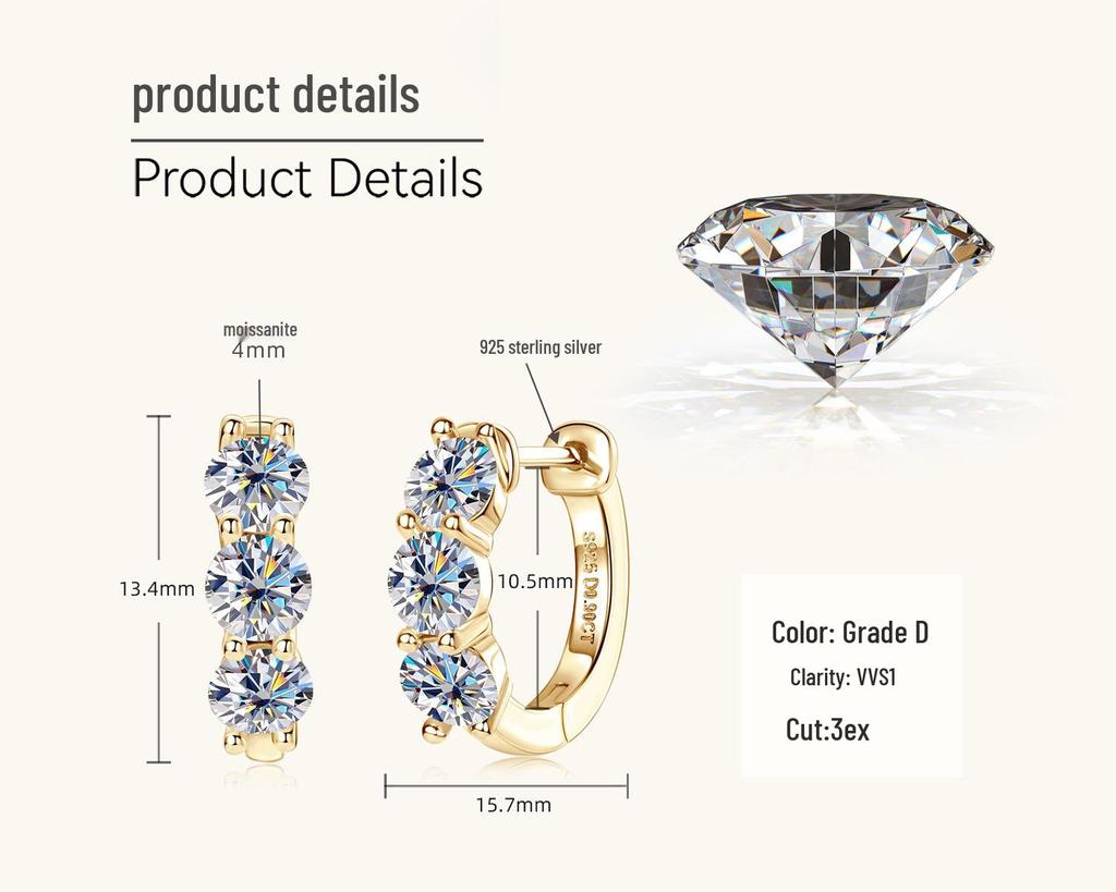 Luxury Moissanite Korean Retro Sterling Silver Ear Hoop Clip Earrings