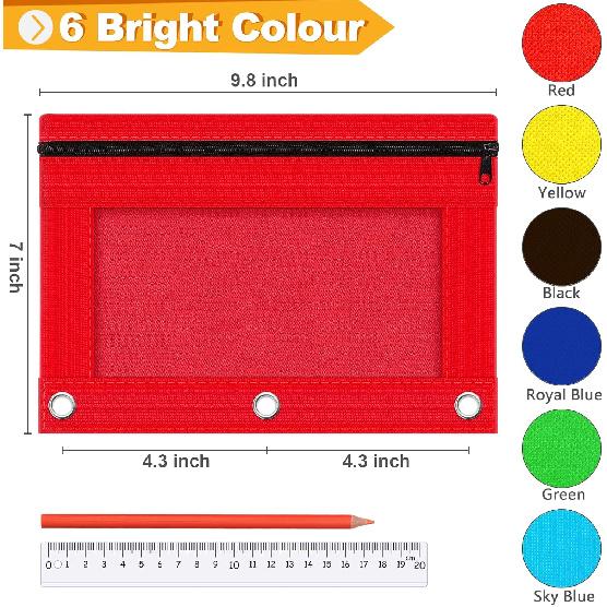 Pencil Pouch for 3 Ring Binder, Bulk 6 Pack 3 Hole Zipper Pencil Pouches with Clear Window, Pencils Bags in Assorted Colors, Sturdy and Durable Cloth