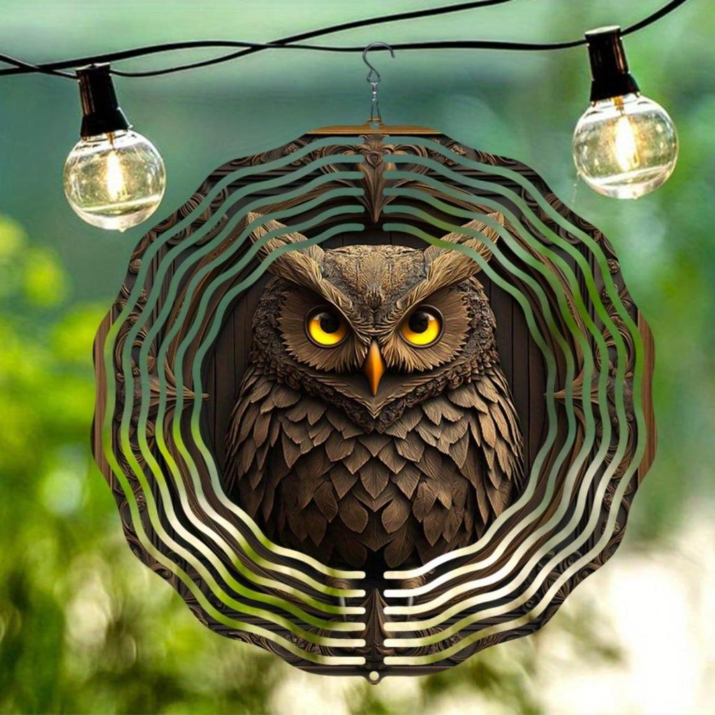Laser Cut Metal Wind Spinner 3D Mandala Owl Design Outdoor Garden Decor Hanging Sculpture with Holographic Effect Creative Gift