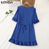 VONDA Women Summer Round Neck Ruffle Short Sleeve Dresses