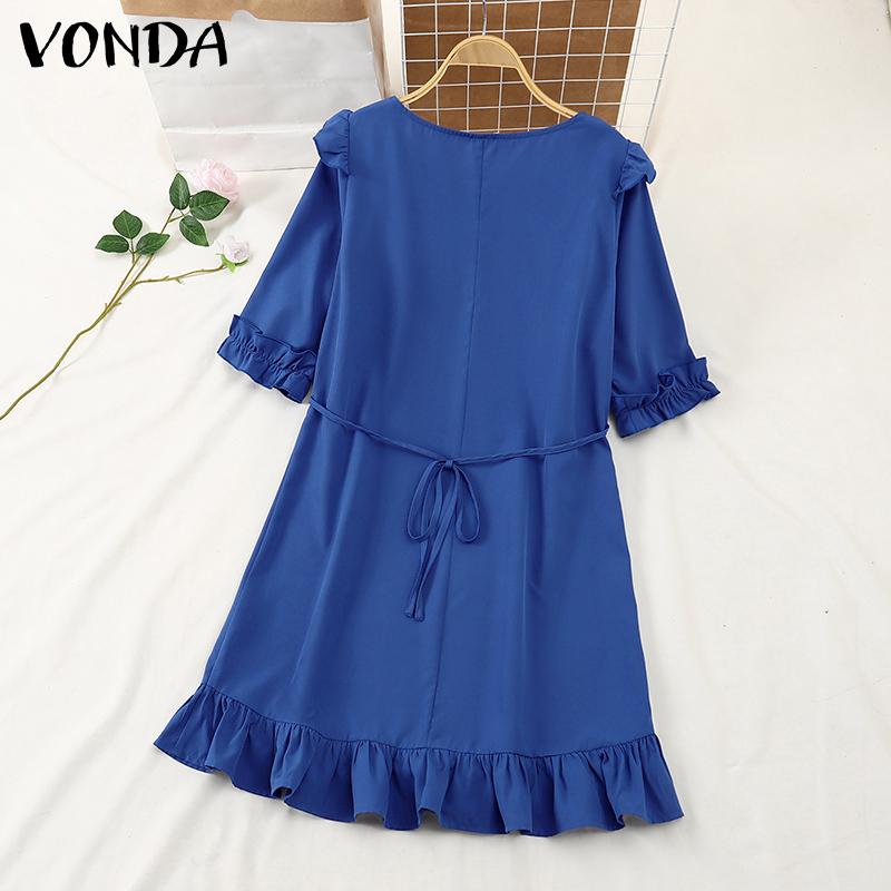 VONDA Women Summer Round Neck Ruffle Short Sleeve Dresses