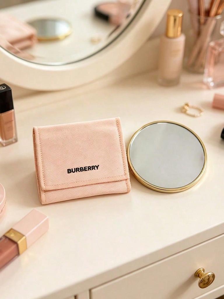 Burberry Винтажное круглое золотое карманное зеркальце, портативное мини-зеркало для макияжа с розовым чехлом для хранения, для женщин, для ежедневного использования, путешествий