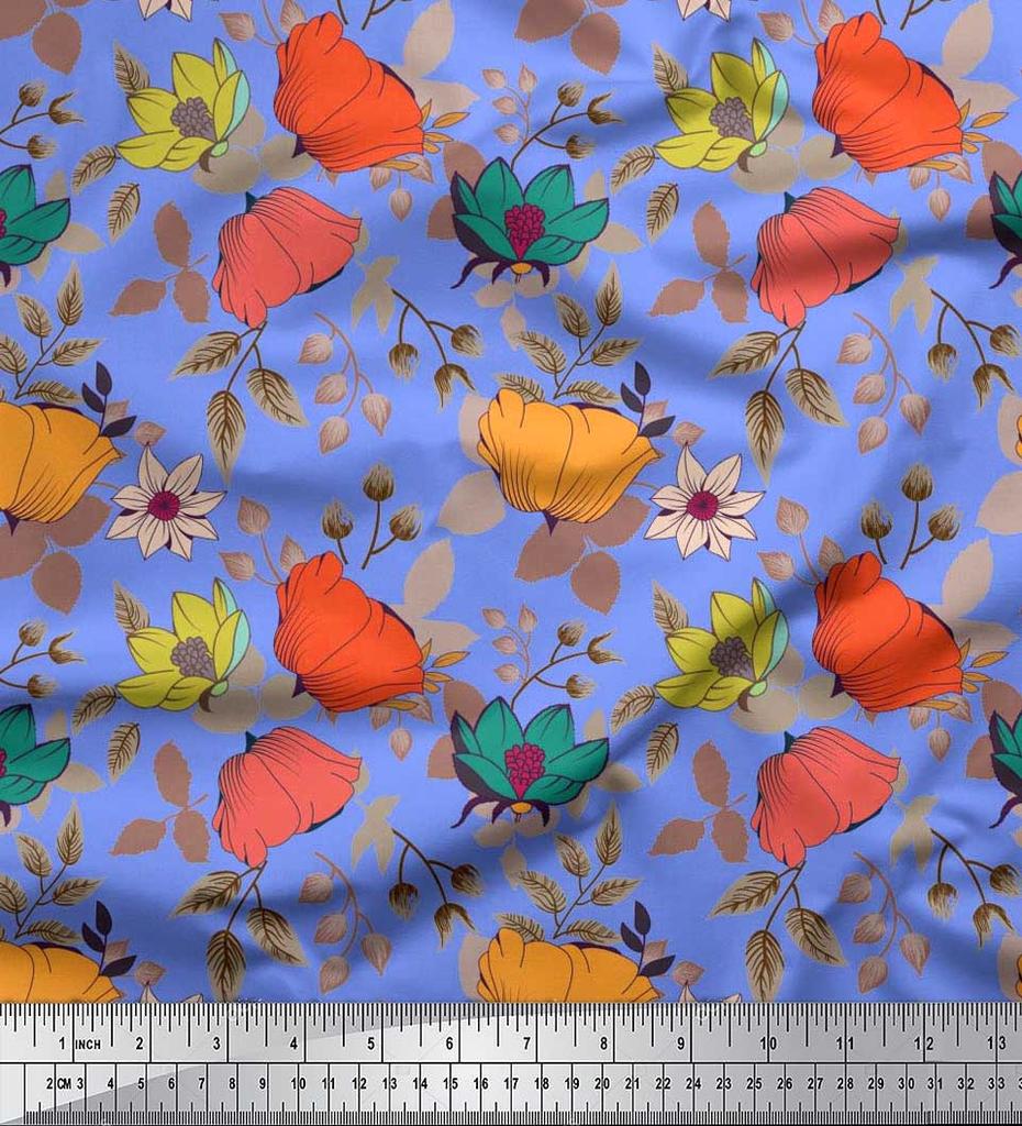 Soimoi Japan Crepe Satin Fabric Leaves & Floral Artistic Fabric Prints By Metre 42 Inch