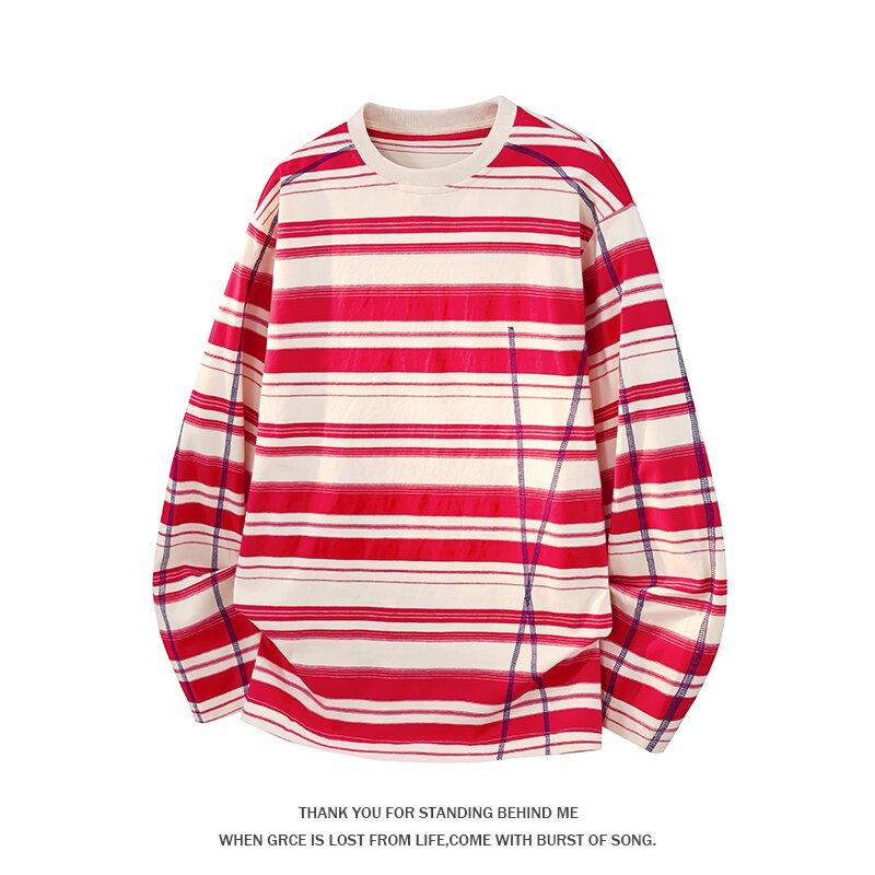 Spring and Autumn Fashion Trendy American Striped Long Sleeve T-shirt Men's Casual Loose Sports Breathable High Quality T-shirt