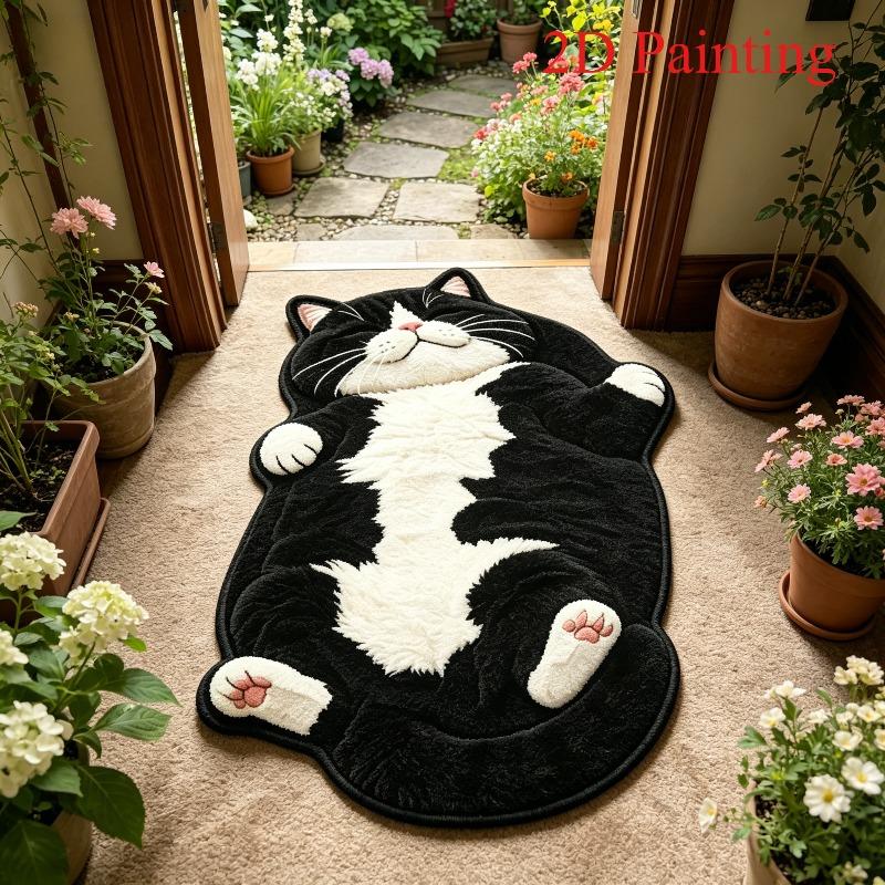 Cute Lying‑down Black White Cat Shaped Rug Soft Plush Irregular Animal Mat Non‑slip Creative Cartoon Indoor Floor Carpet