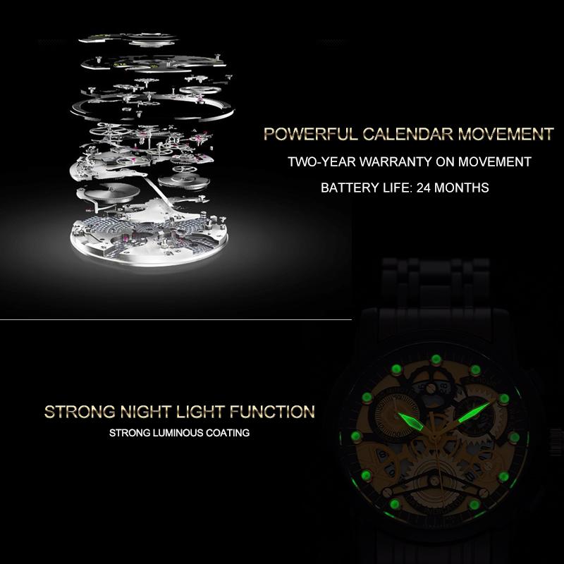 VA VA VOOM Золотые полые светящиеся кварцевые часы Часы со скелетом Мужские часы Импортные механизмы Деловые виды спорта для мужа Подарок Мужские часы из нержавеющей стали