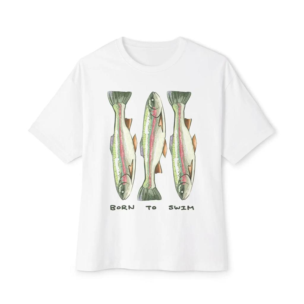 Born To Swim Trout Illustration Oversized Boxy Cotton T Shirt Fishing Fish Art Vintage Graphic Streetwear Stylish Soft