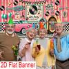 Pink car and vintage music-themed party backdrop fabric made of durable polyester fiber material