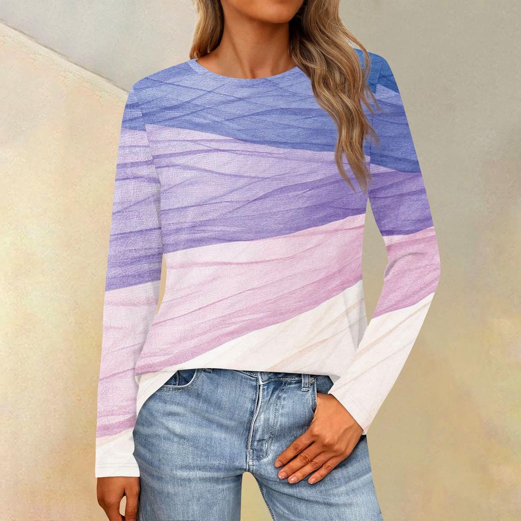 Женская свободная повседневная повседневная футболка с длинным рукавом и круглым вырезом, сплошной цвет, топ