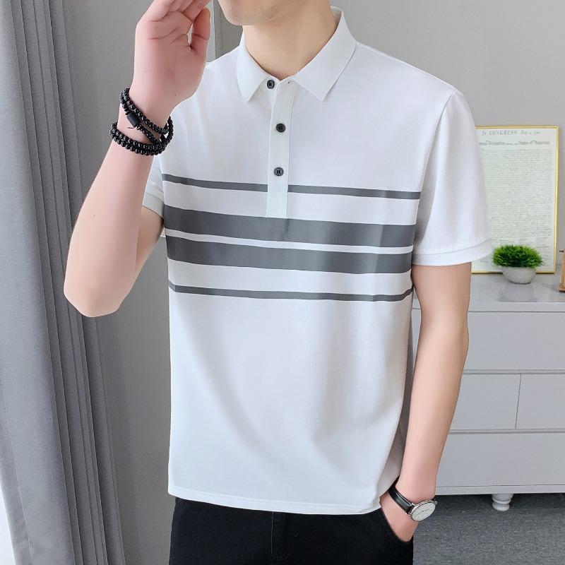 Men's White Polo Shirt with Grey Horizontal Stripes