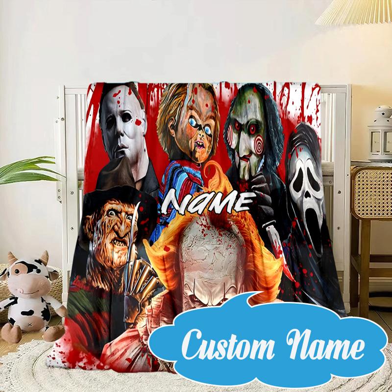 Custom Name Halloween Horror Christmas Blanket bed sofa Blanket Flannel Blanket for Camping, Hiking, Picnic Essentials,gift for Fan family