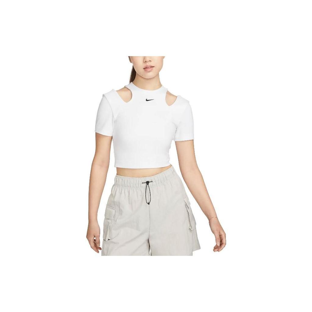 Nike Однотонный фирменный логотип с ажурным дизайном, круглый вырез, короткий рукав, футболка, женские топы, белый цвет DV7963-100