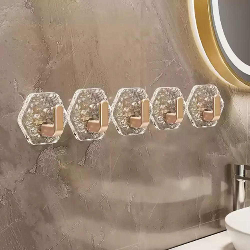5Pcs Hexagonal Shape Self Adhesive Hooks Heavy Duty Waterproof Adhesive Hooks Water Ripple Texture Removable Wall Hooks