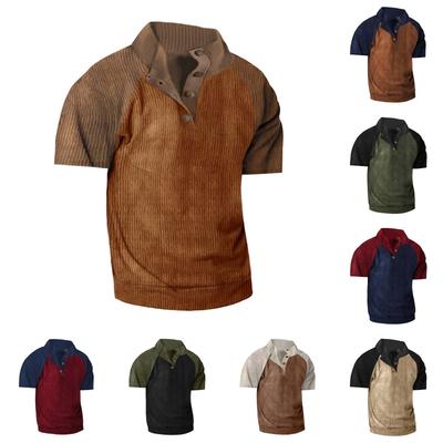 Мужской повседневный топ с короткими рукавами и воротником-стойкой в полоску из тонкого вельвета