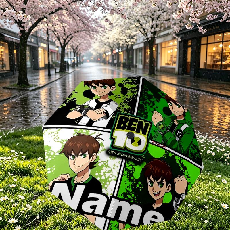Custom Name Personalized Ben 10 Cartoon Print Umbrella, Auto Open Close, 8‑Rib Sturdy Frame, Commute Camping Hiking Use, Birthday Gift