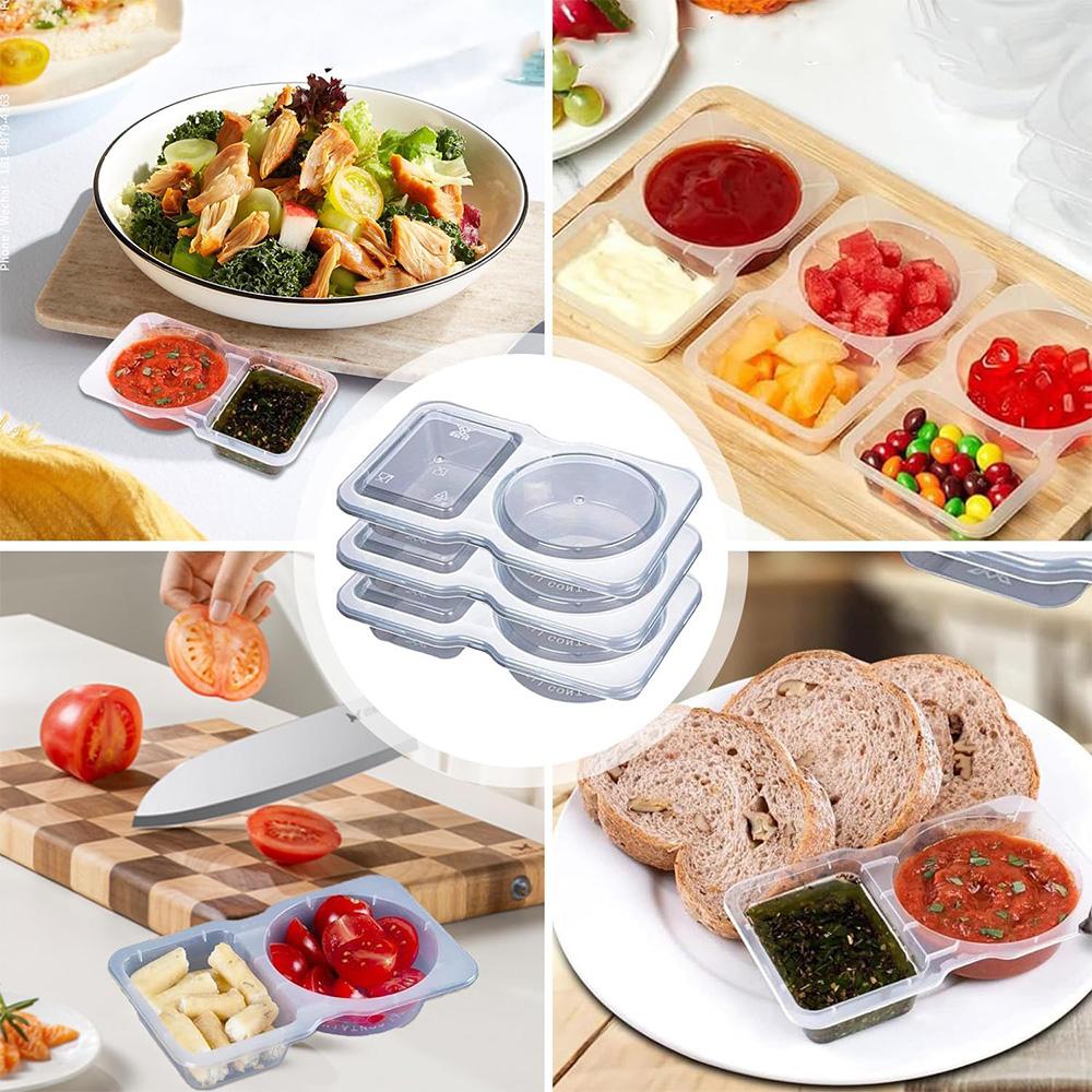 20PCS Reusable Snack Pack Containers Double Compartment Snack Containers 2 Compartment Thickened and Portable Hinged Lid Clear Plastic Portion Cups