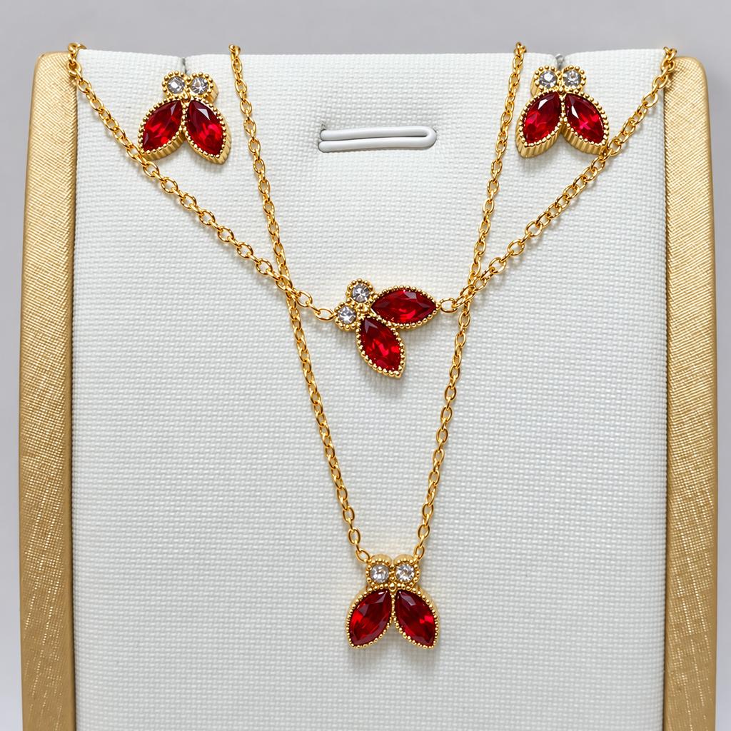 Huibao Red Marquise CZ Butterfly Jewelry Set for Women Gold Plated Stainless Steel Necklace Bracelet Stud Earrings 3 Piece Set
