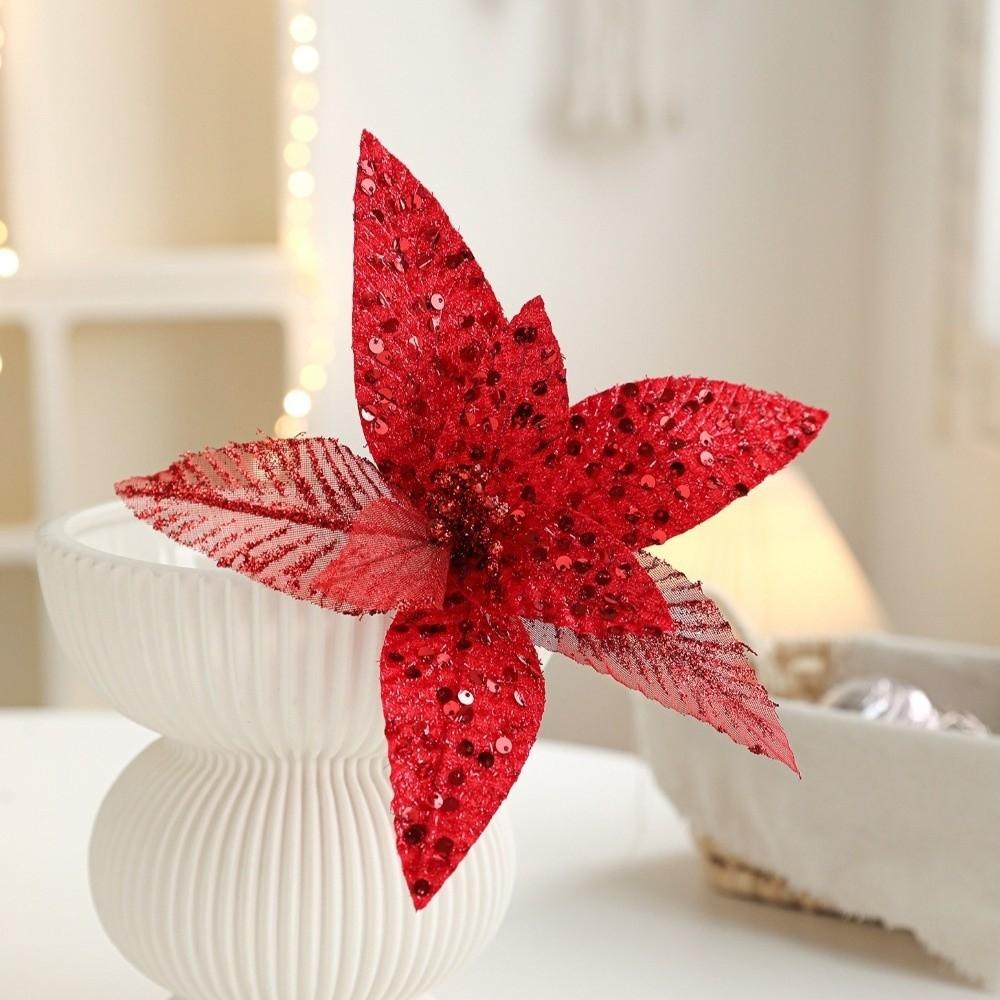25cm Christmas Artificial Flowers Sequin Mesh Handmade Poinsettia Flower Realistic Decorative Simulation Glitter Flower