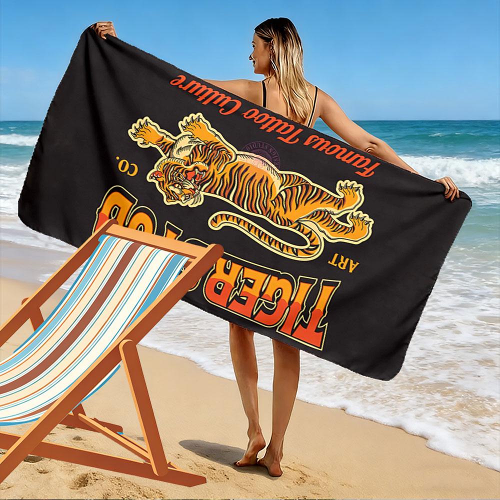 Giant Beach Towel with Tiger Head Tattoo Art Print, Quick Dry Microfiber, Soft Absorbent, for Beach Pool Cool Style Gift