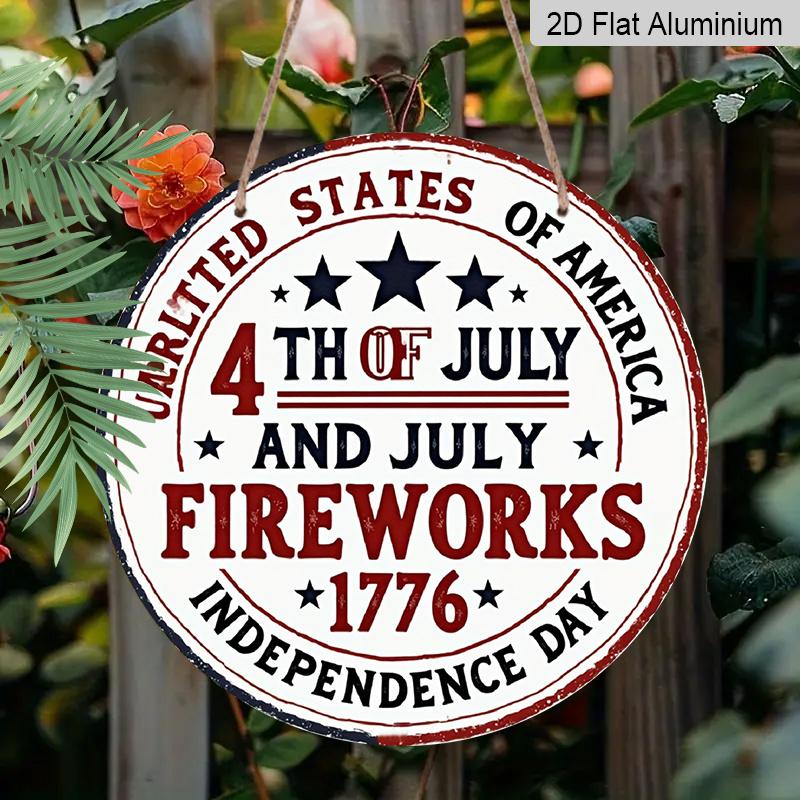 2D Flat, 1pc Round Aluminum Hanging Sign, Vintage 4th of July Metal Wall Art, USA Independence Day Fireworks Design, Perfect for Front Door, Porch