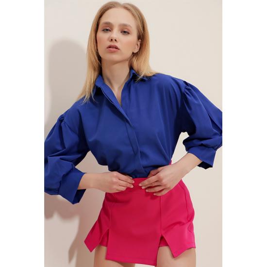 Women's Brown Concealed Pleat Balloon Sleeve Basic Poplin Shirt