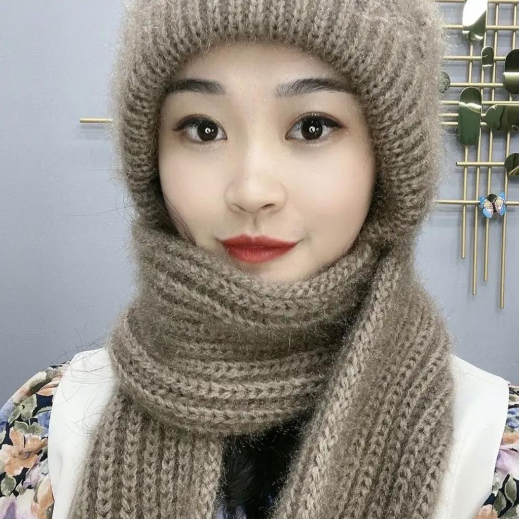 Winter Womens Warm Double Layer Padded Thickened Hat Scarf One Knitted Hat Wool Knitting Net Explosion Models Wind Snow Beanies Hats