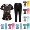 Plus SizePrinted Scrub Working Uniform Tops For Women's Cross V-Neck Halloween Print Short Sleeve Fun T-Shirts Workwear Tee With Pockets
