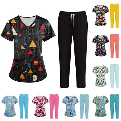 Плюс размерСкраб с принтом Рабочая форма Топы для женщин Крест V-образным вырезом Хэллоуин Принт с короткими рукавами Забавные футболки Спецодежда Футболка с карманами