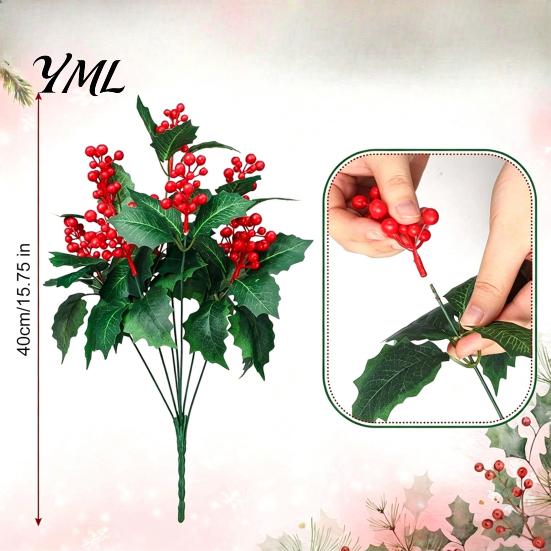 Long Lasting Christmas Tabletop Accents Artificial Poinsettia Flowers, Red Bouquet with Berries, Faux Silk Festive Floral Arrangement for Entrance