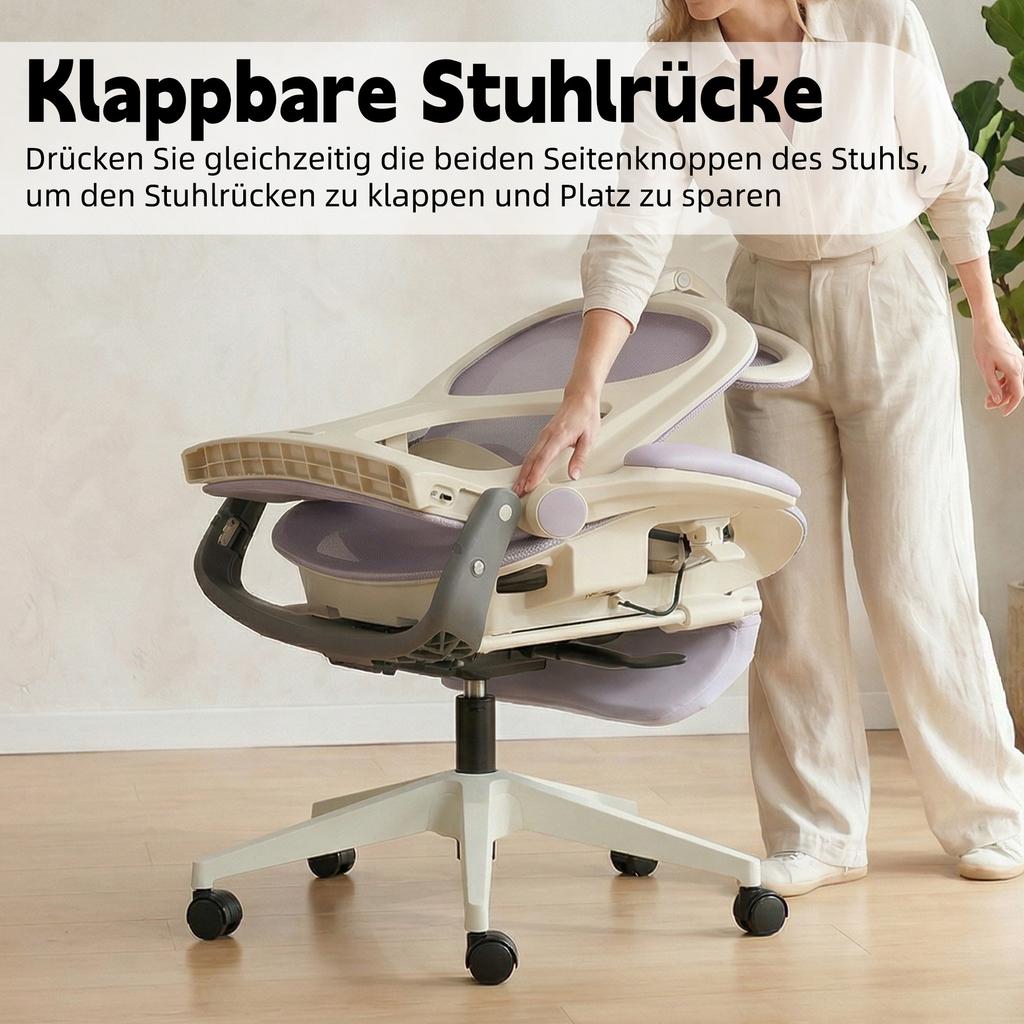 Foldable ergonomic office chair, small space chair with lumbar support, mesh sliding cushion, foldable armrests, 3D headrests with work pedals,purple