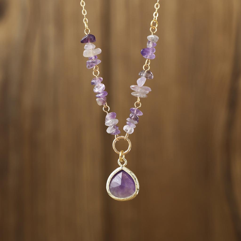 Amethyst Necklace Water Drop Cut Tiger's Eye Stone Pendant Clavicle Chain Niche Bohemian Women's Versatile Jewelry