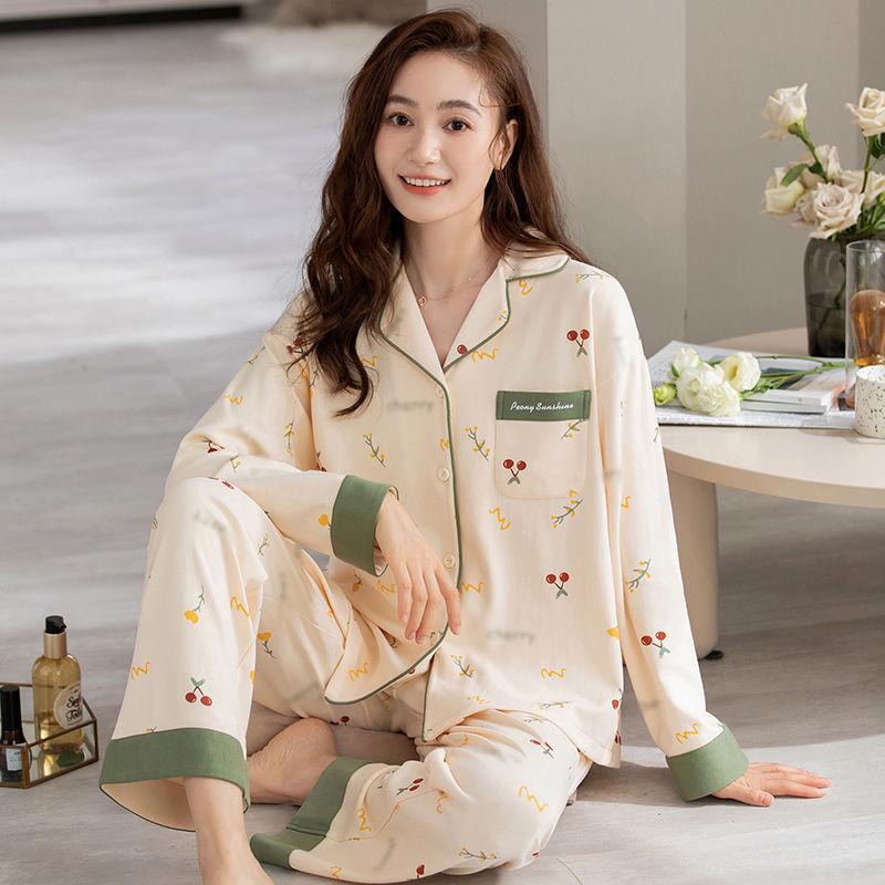 Женский комплект пижамы большого размера из хлопка - Кардиган с длинным рукавом, Двухпредметный, Идеально подходит для осени/весны