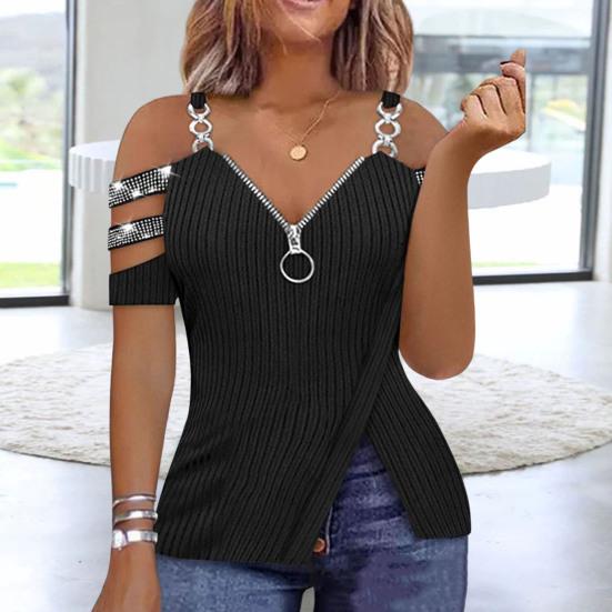 Women's Tops V-Neck Zip Detail Split Hem Elegant Trendy Minimalistic Sequin Chain Accent Blouse Summer Accessories