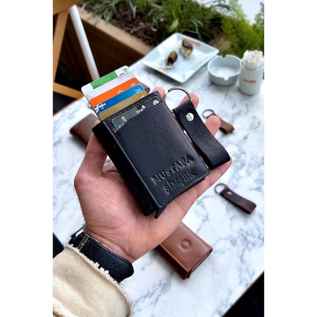 Унисекс черный кошелек из натуральной кожи с механизмом - (Специально для имени) - (Подарок на брелок из натуральной кожи)