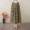 Spring and Summer New Vintage Cotton-Linen Round-neck Floral Pockets Long-Sleeved Dress for Women Loose Fit for Slimming - A-Line Skirt