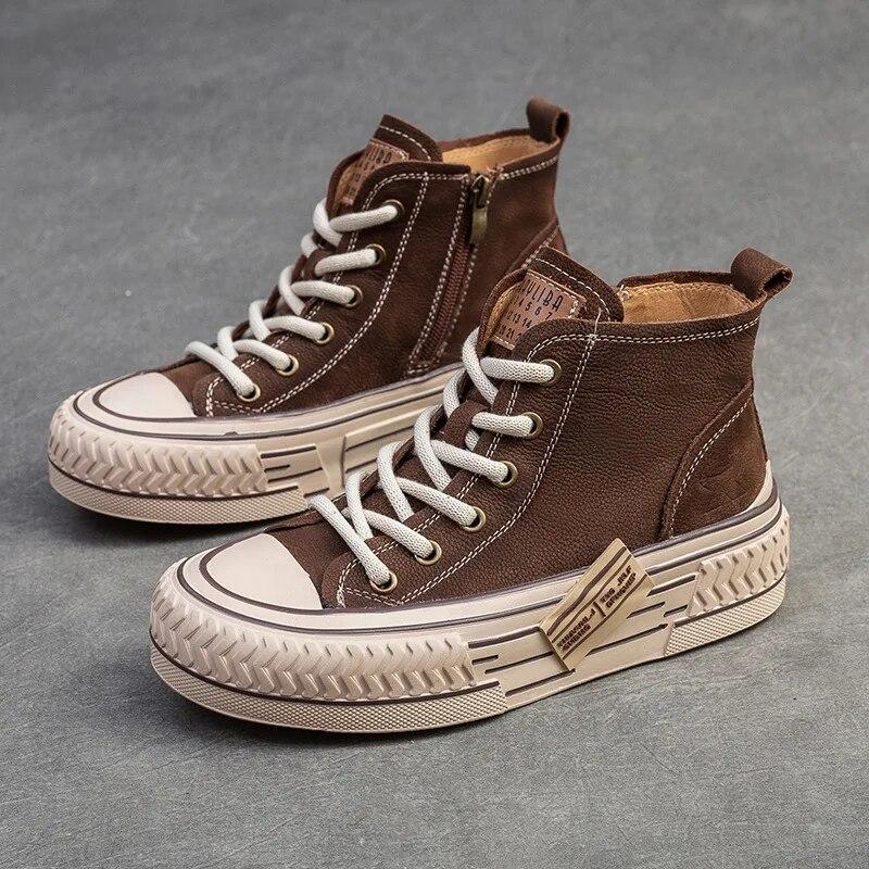 Johnature Spring Genuine Leather Women Flat Shoes Lace-up Handmade Leisure Comfortable Thick Soled Shoes