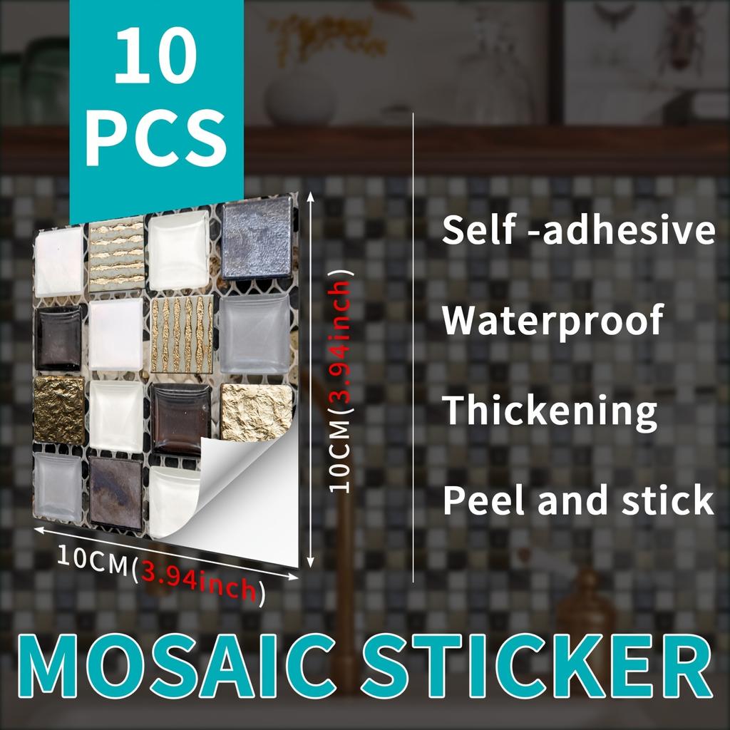 10pcs Mosaic Tile Sticker Waterproof Self-Adhesive Wall Decor for Kitchen & Bathroom - Oil Proof Wall Sticker