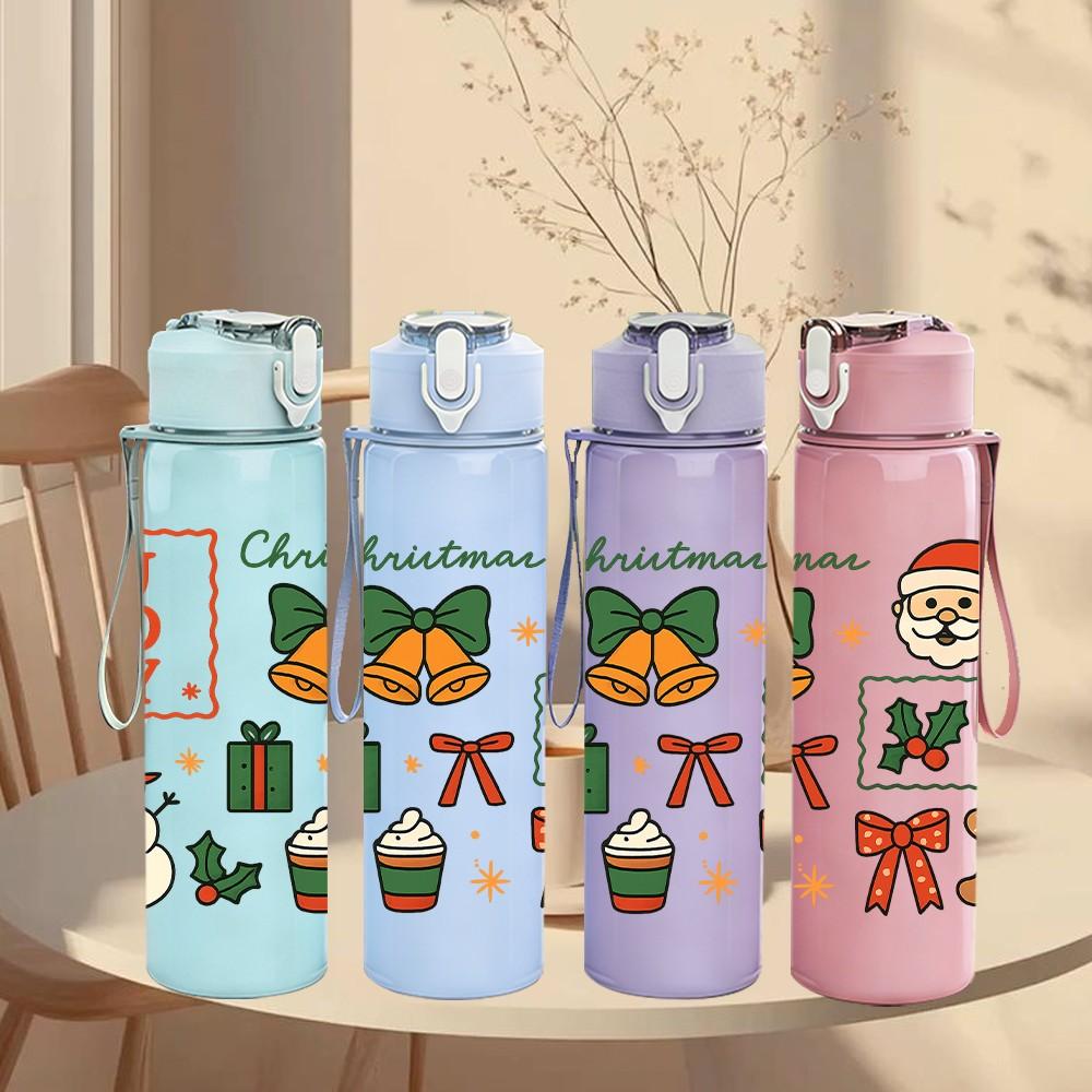 1PC Christmas Gift Box 750ml Color Plastic Sports Water Bottle Leakproof Flip Straw Lid Suitable for Sports Office Home Use