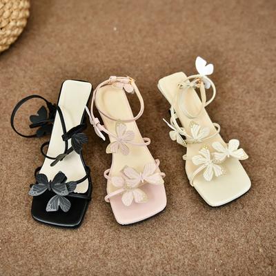 Летние женские босоножки на высоком каблуке с бабочкой, квадратный носок, ремешок с пряжкой, повседневная обувь, элегантный каблук-шпилька, ремешок на щиколотке, для вечеринки